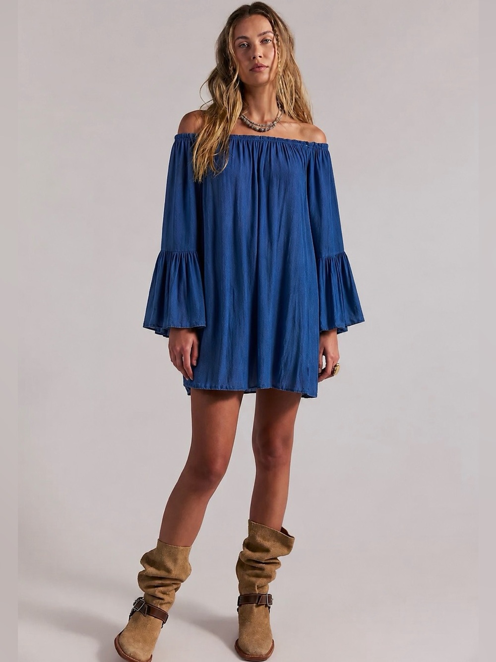 Boho Bliss Off The Shoulder Boho Mini Tunic Dress OS